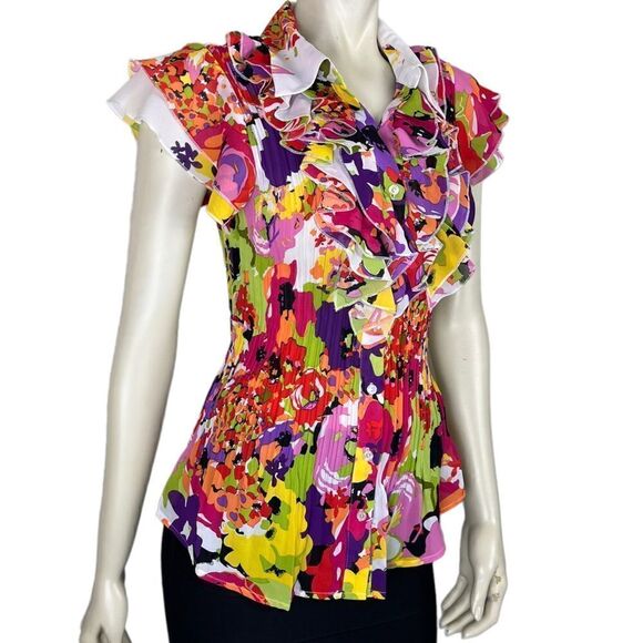 NWT Cathaya's Slimming S/S Blouse w/Colorful Floral Ruffles & Pleated Bodice SzM - Picture 6 of 15